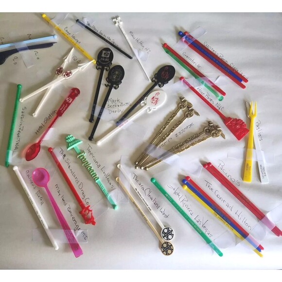Multi Other - 37 Pcs Swizzle Stir Sticks Barware Hotel Restaurant Travel Lodge Vtg Advertising